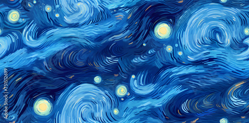 Seamless pattern of sky in style of Van Gogh Starry Night photo