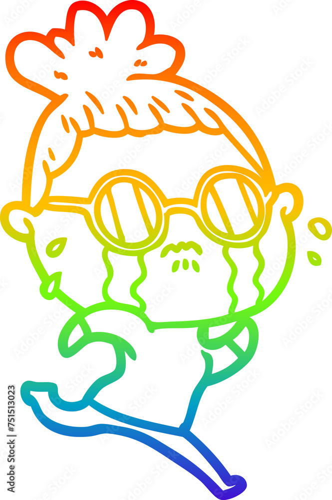Fototapeta premium rainbow gradient line drawing cartoon crying woman wearing spectacles