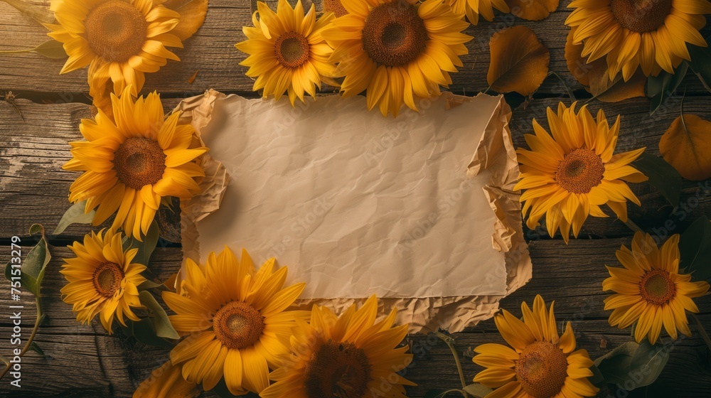 White rectangular banner with sunflowers around
