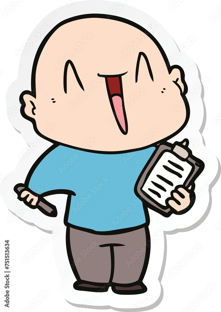 sticker of a happy cartoon bald man