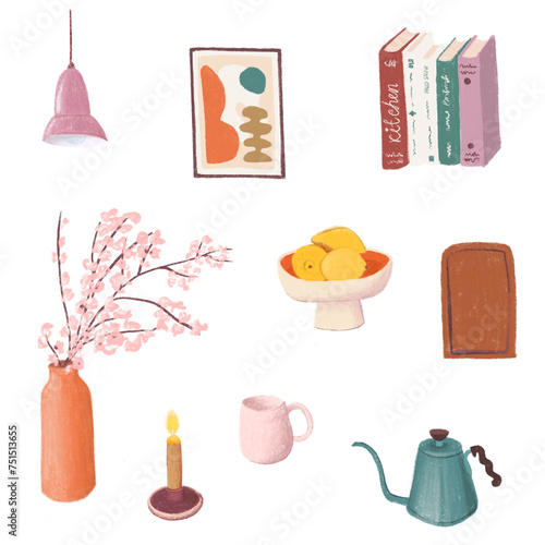 Cute kitchen set with tableware and decor. Sketch style. Raster texture illustration isolate on white background. Elements for hygge home interior.