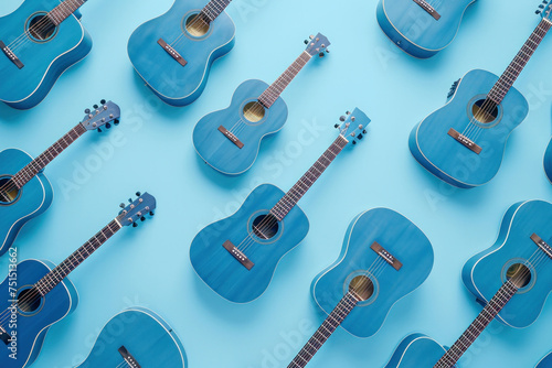 Blue acoustic guitars on a vibrant blue background with 3D effect, perfect for music themes and musical instruments