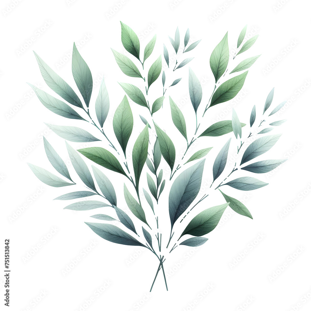 a cluster of green and blue leaves in various shapes and sizes, painted in a watercolor style on a light gray background. The soft colors and textures create a calming and peaceful scene.