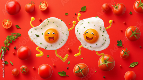 Two fried eggs in the shape of cheerful characters surrounded by fresh herbs and tomato on a red background.