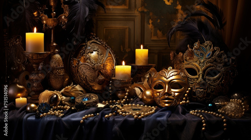 Mysterious scene with candles illuminating a masquerade