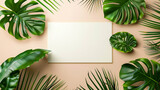 Summer tropical leaves with blank paper on beige background Summer tropical leaves with blank paper on white background Summer tropical leaves with blank paper on white background. Creative layout. 