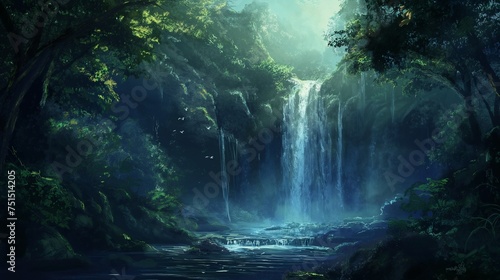 Majestic waterfall cascading down a lush, untouched forest. © AD Graphics