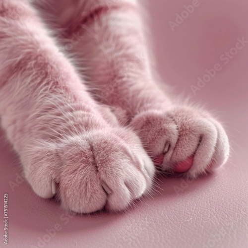 A harmonious image with fluffy pink cat paws overlapping a pink surface, exuding tranquility and softness