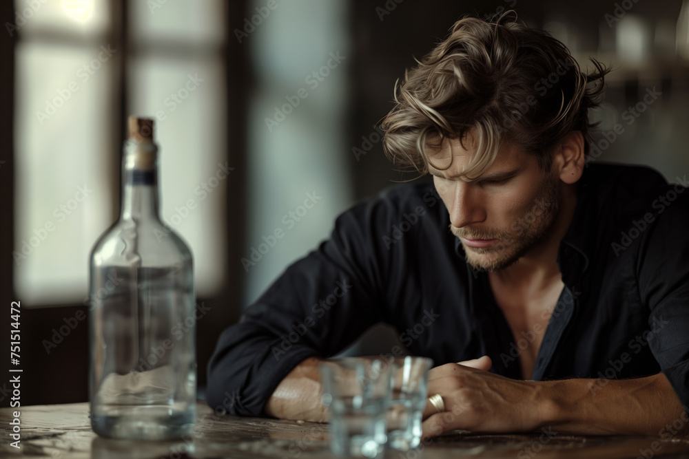 Drunk man sitting at a table holding his head with his hand next to an unfinished bottle and glass, alcoholism binge drinking