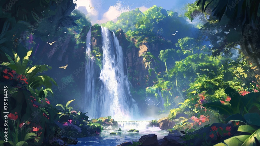 Majestic waterfall cascading down a lush, untouched forest.