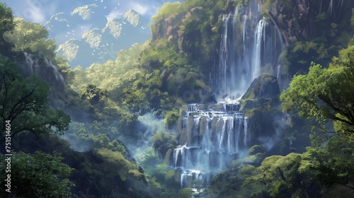 Majestic waterfall cascading down a lush  untouched forest.