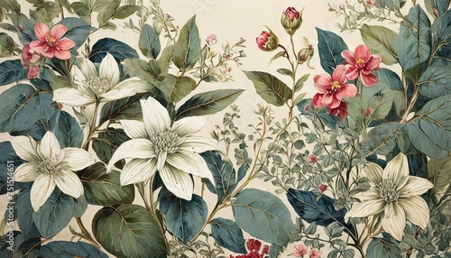 A vintage-inspired wallpaper design showcasing elaborate floral motifs and ornate details