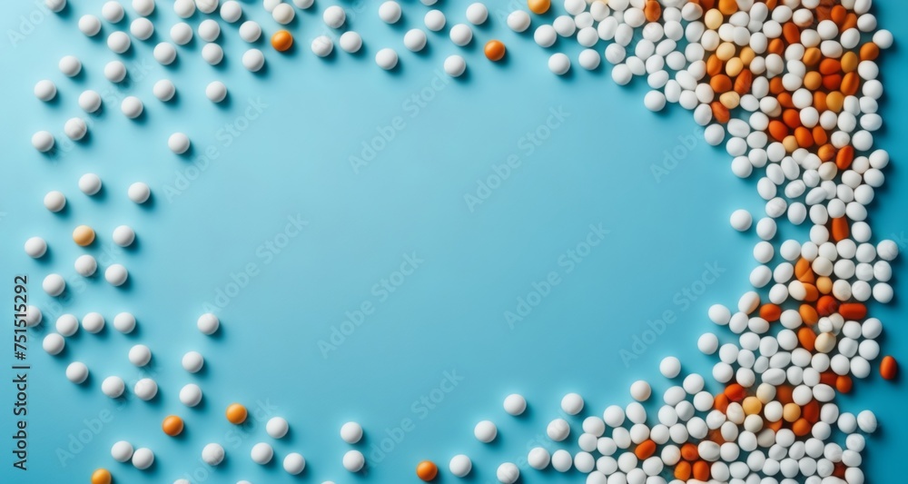  A colorful array of pills on a blue background