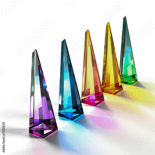 Crystal prisms casting colorful spectra and sharp shadows on white. Spectrum of Light in Crystal Obelisks. A row of crystal obelisks refracts light, creating a stunning spectrum of colors on a bright