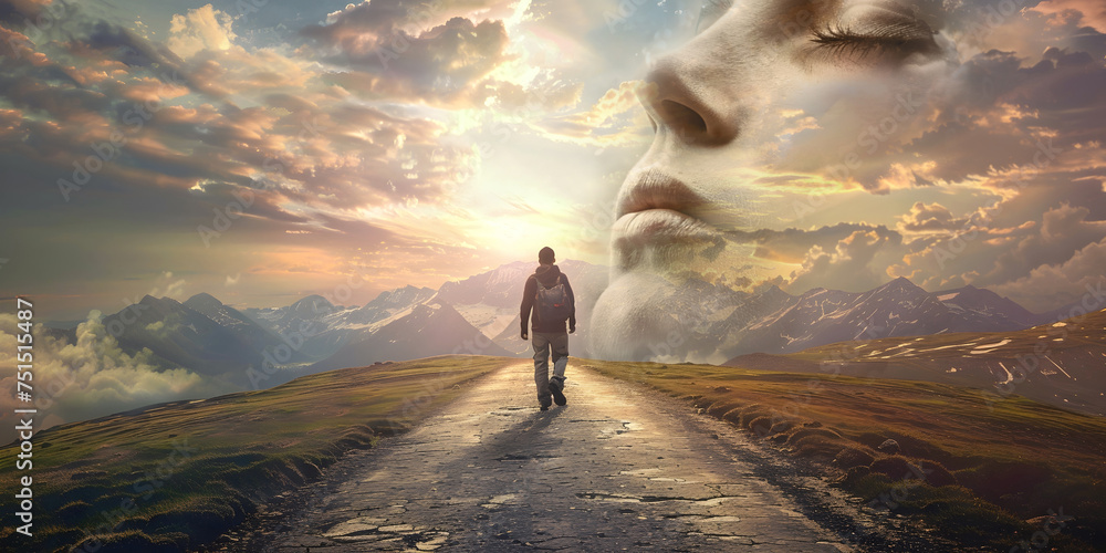 My soulmate is out there and I will find her - rear view of a lone male walking along a mountain top trail with a stunning cloudscape ahead and the face of a beautiful woman in the clouds

