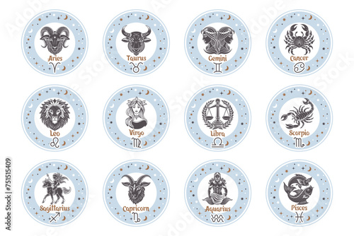 Astrology zodiac signs set, mystical round icons. Esoteric symbols for logo or icons. Pastel colors, vector photo