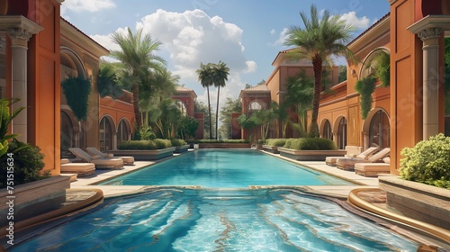 Midday tranquility captured in a high-definition snapshot of an opulent pool, featuring artistic water features and surrounded by upscale design