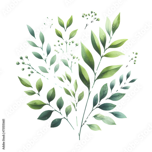 a cluster of green and blue leaves in various shapes and sizes, painted in a watercolor style on a light gray background. The soft colors and textures create a calming and peaceful scene.