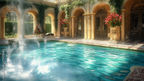 Midday tranquility captured in a high-definition snapshot of an opulent pool, featuring artistic water features and surrounded by upscale design © AD Graphics