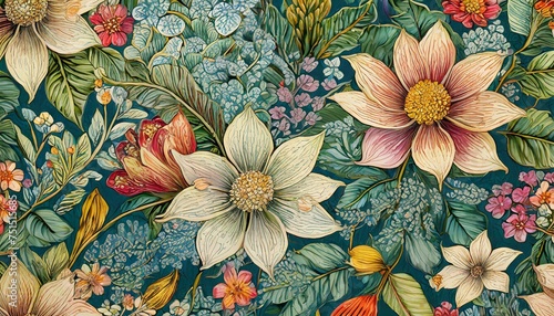 Wallpaper Mural An intricate pattern featuring detailed botanical illustrations of flowers, leaves, and plan Torontodigital.ca