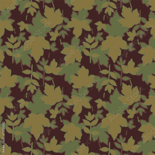 Abstract leaf seamless pattern. Leafy background. Forest. Vegetative botanic design. Simple drawing. Foliage. Plants pattern. Green, brown tones. Warm, muted shades.