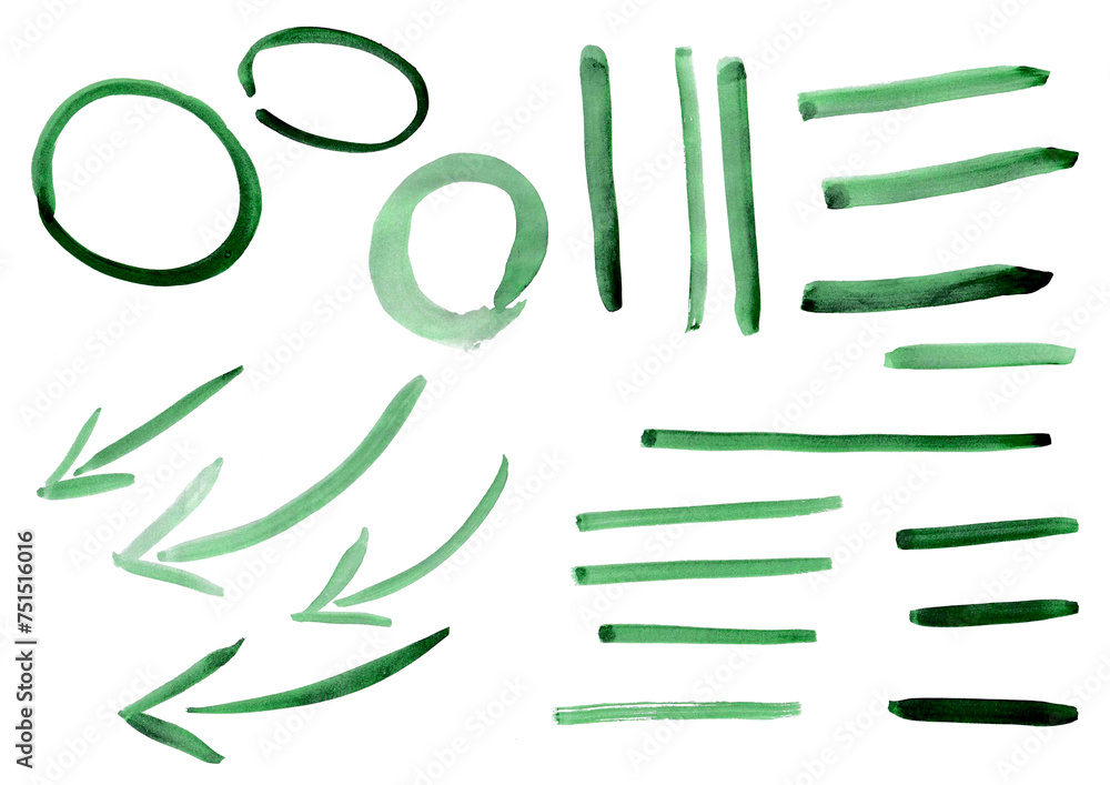Arrows, circles, highlights. Hand-drawn with a marker pen, brush and green paint. Isolated on white background. Resource for layout composition, graphic design. Handmade, rustic and stylized. Arrows, circles, highlights. Hand-drawn with a marker pen, brush and green paint. Isolated on white background. Resource for layout composition, graphic design. Handmade, rustic and stylized.