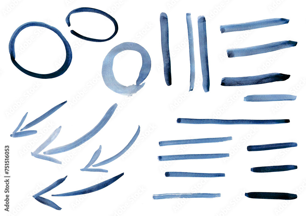 Fototapeta premium Highlights, arrows, markers, resources to compose a vector diagram. Isolated on a white background and hand painted. Frame, frame, blank for layout. Hand drawn with marker pen. Brush texture blue ink.