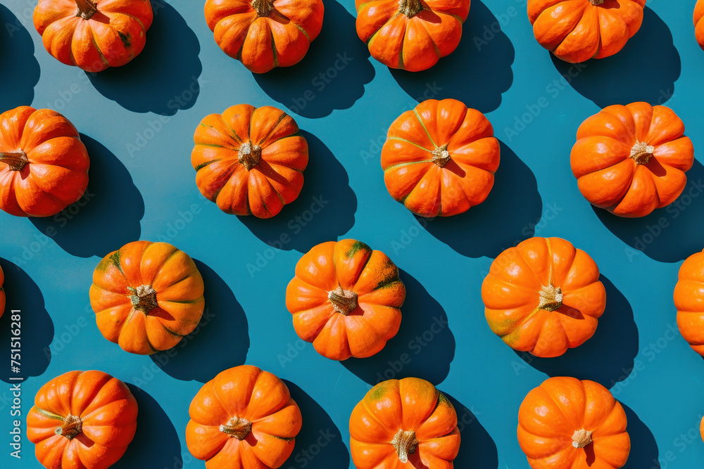 Top view of orange pumpkins arranged in a pattern on a blue background, flat lay composition Top view of orange pumpkins arranged in a pattern on a blue background, flat lay composition