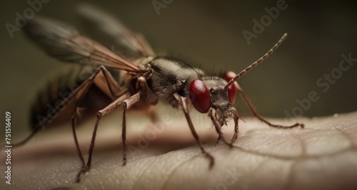  Close-up of a bee with striking red eyes, poised on a human hand © vivekFx