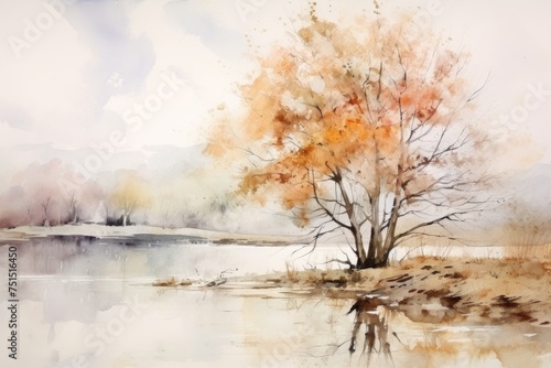 watercolor autumn background with orange seasonal tree on the shore of the lake. © dashtik