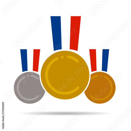 Médailles, or, argent et bronze. Drapeau France. 2024. JO et autres courses. Vecteur.