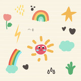 Childish seamless pattern of cute weather include sun, rainbow, star, cloud, flower suitable for children's clothing, bed sheets and home decorations, notebook covers, greeting cards and gift wrap