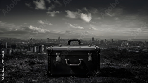 Exploration of Past Journeys: A Vintage Suitcase in Front of a Hazy Cityscape in Black and White