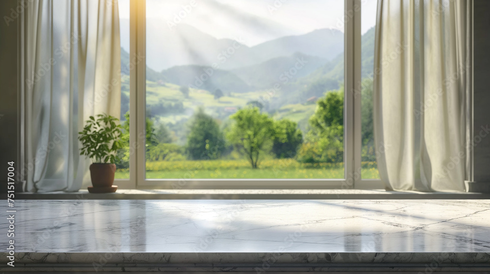 Empty marble kitchen table with window on a meadow and trees. Empty marble kitchen table with window on a meadow and trees.