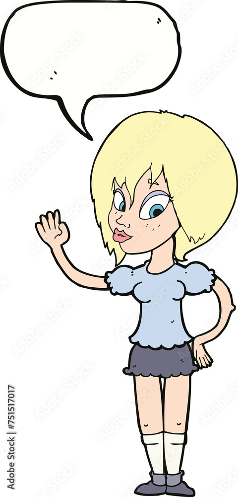 cartoon pretty woman waving with speech bubble cartoon pretty woman waving with speech bubble