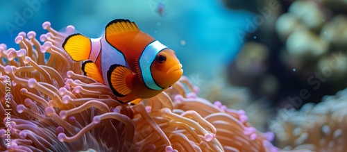 Beautiful clown fish swimming gracefully in vibrant anemonic reef underwater © TheWaterMeloonProjec