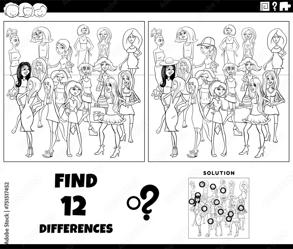 differences game with cartoon young women coloring page