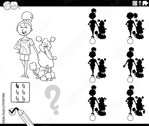 shadow activity with cartoon girl and her dog coloring page