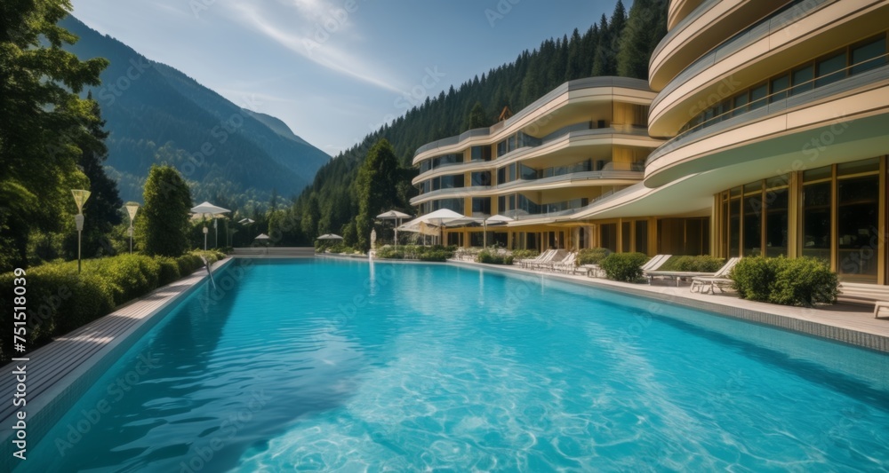 Fototapeta premium Escape to luxury - A serene retreat with mountain views and a stunning pool