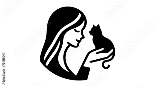 Woman with cat or kitten. outline vector design illustration on white background