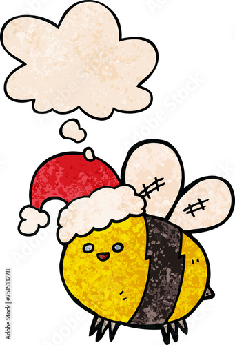 cute cartoon bee wearing christmas hat and thought bubble in grunge texture pattern style