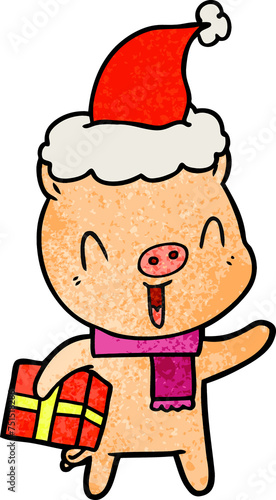 happy textured cartoon of a pig with xmas present wearing santa hat