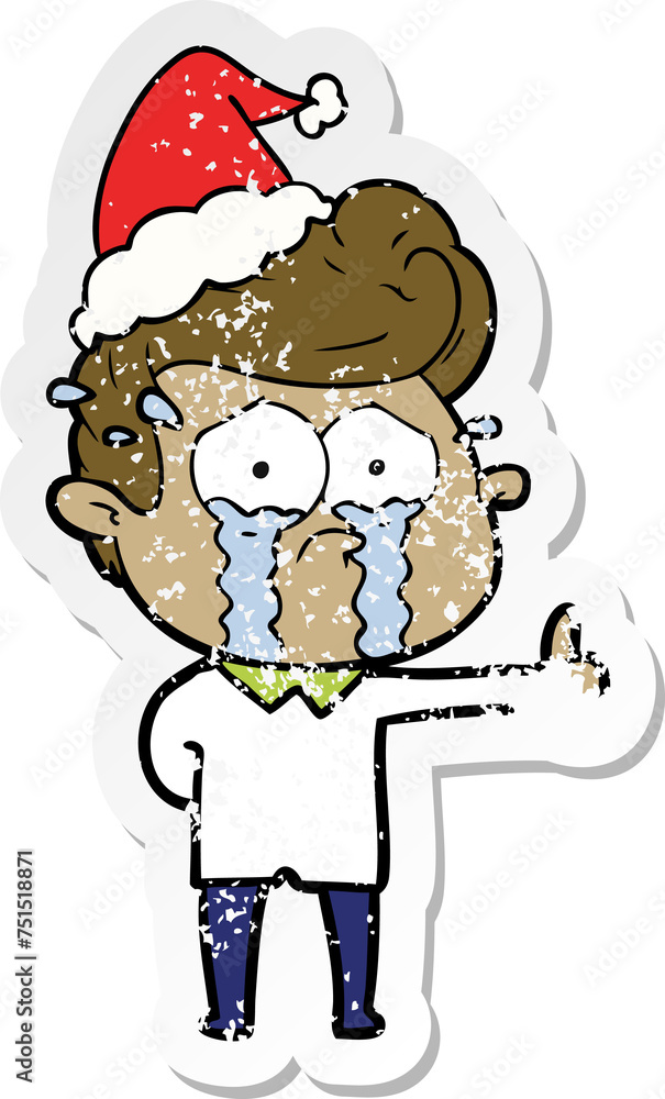distressed sticker cartoon of a crying man wearing santa hat distressed sticker cartoon of a crying man wearing santa hat