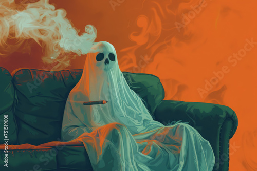 A ghostly figure sits on a couch smoking a cigarette