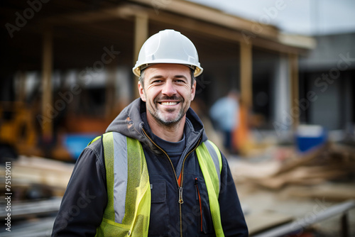 A smiling construction worker in a bright safety vest stands on a construction site. Simple, upbeat, and professional.