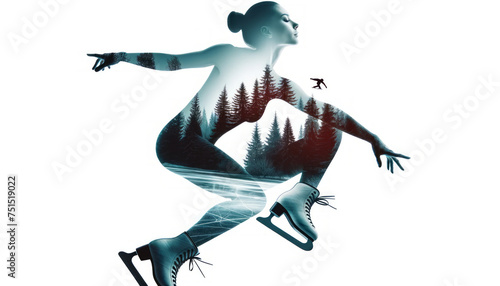 Double Exposure Ice Skater with Forest Silhouette
