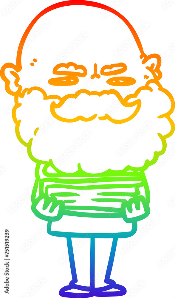rainbow gradient line drawing cartoon man with beard frowning