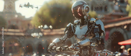 A robot is riding a motorcycle in a city