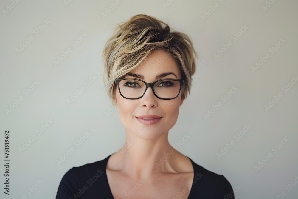 Closeup portrait of mature beautiful woman with short hair wearing glasses, isolated on light background Closeup portrait of mature beautiful woman with short hair wearing glasses, isolated on light background