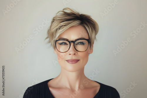 Closeup portrait of mature beautiful woman with short hair wearing glasses, isolated on light background